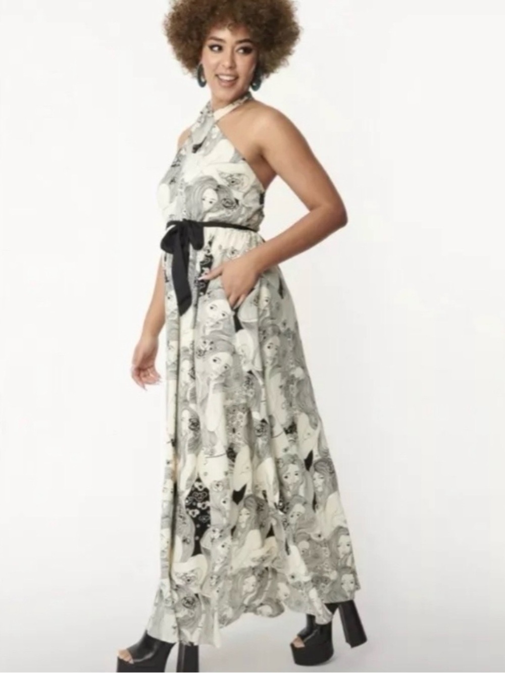 Halter Maxi Dress in Cream and Black Floral Print
